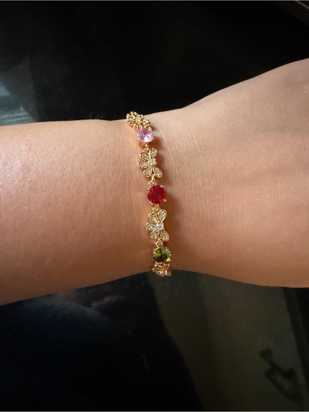 Gold Floral Multicolor Gemstone Bracelet - Pink, Red & Green